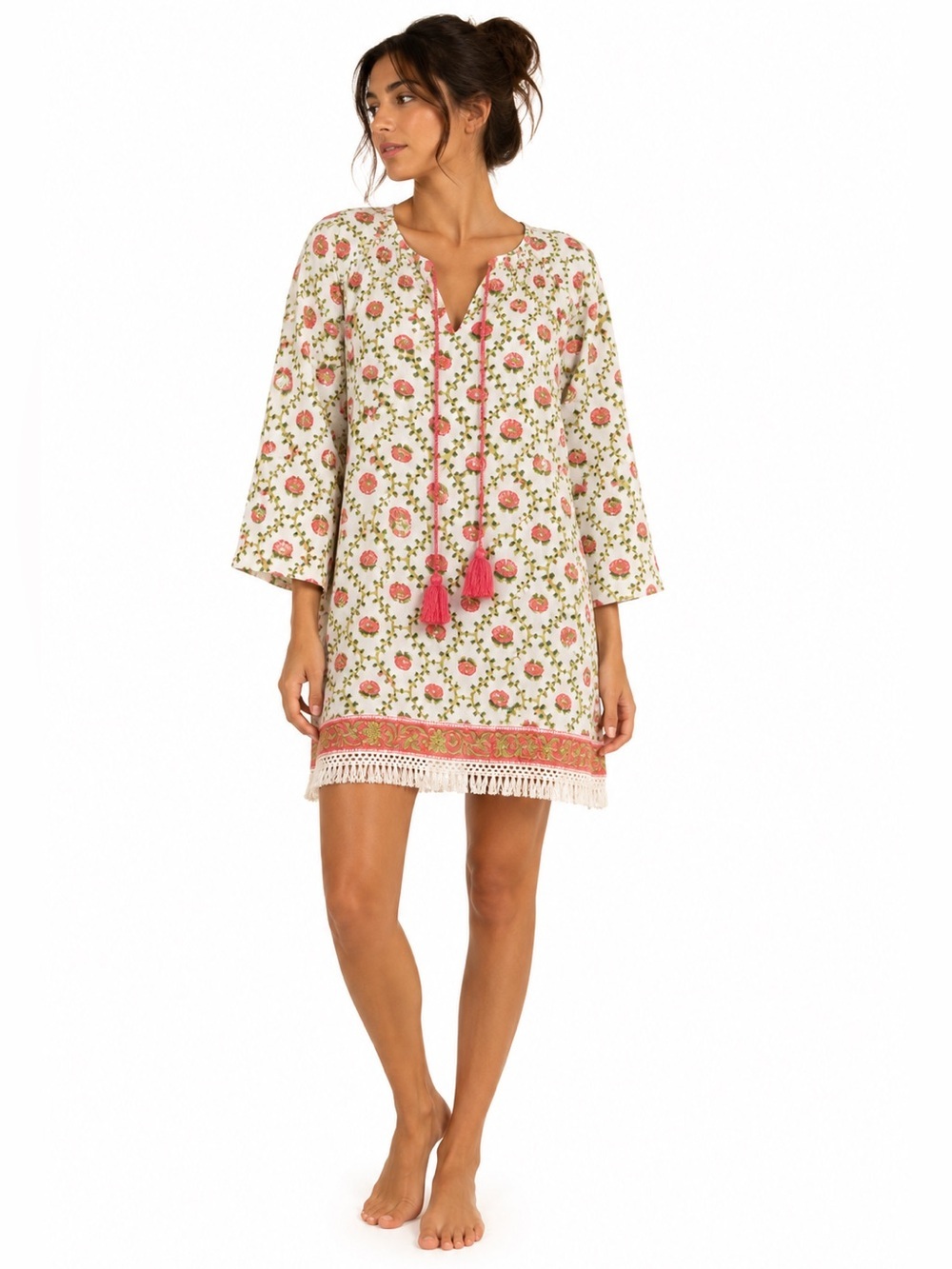 SLV Sur La Vague Floral Tassel Fringe Tunic Cover Up Large NWT